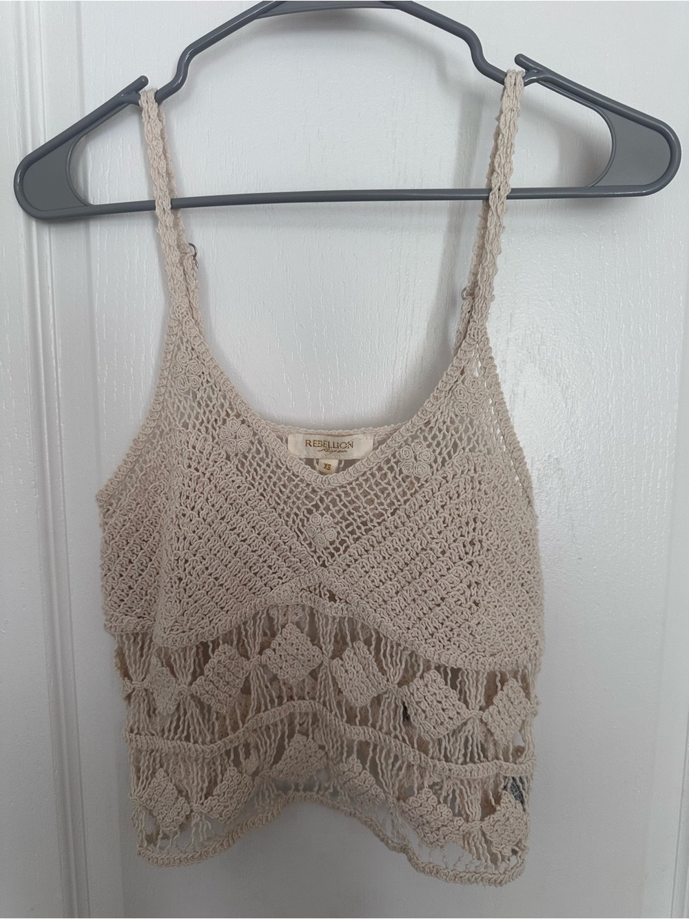 REBELLION AGAIN Crochet Lace Cami Tank Top Cream Ivory XS